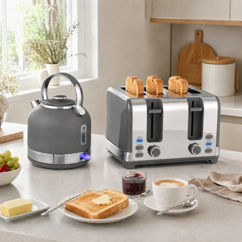 HOMCOM Stainless Steel Kettle and Toaster Set, 1.7L 3000W Cordless Fast Boil Kettle, 4 Slice Toaster Kitchen Set, Grey