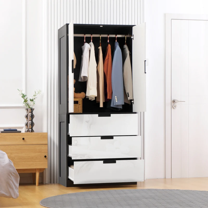 HOMCOM 2 Door Wardrobe, Modern Wardrobe with 3 Drawers and Hanging Rod for Bedroom, High Gloss White
