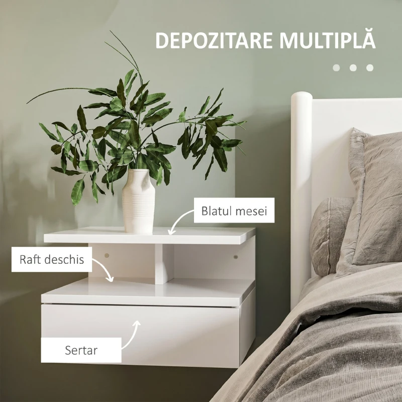 HOMCOM Set de 2 Noptiere Moderne Suspendate cu Sertar și Raft din Lemn 35x32x22,5cm, Alb Lucios