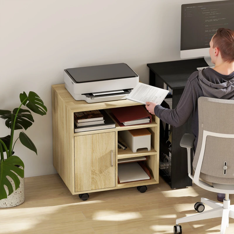 HOMCOM Support d'imprimante organiseur bureau caisson placard porte 3 niches + grand plateau panneaux particules bois naturel