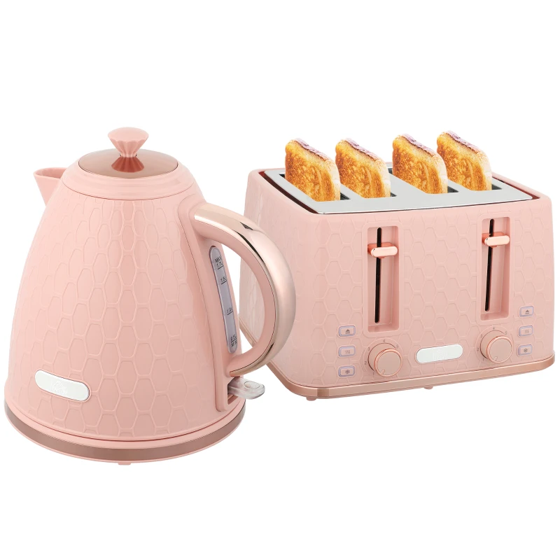 HOMCOM Kettle and Toaster Set, 1.7L 3000W Fast Boil Jug Kettle, 4 Slice Toaster with 7 Level Browning Controls, Light Pink
