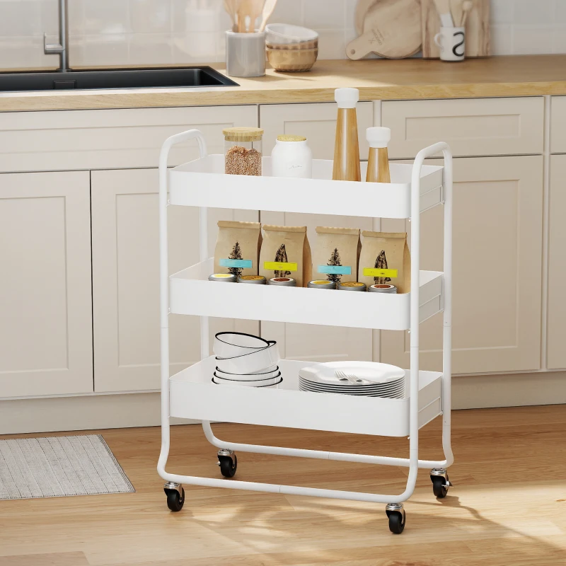 HOMCOM 3-Tier Storage Trolley on Wheels, Rolling Utility Cart with Mesh Backets for Kitchen, Bathroom, Bedroom, White