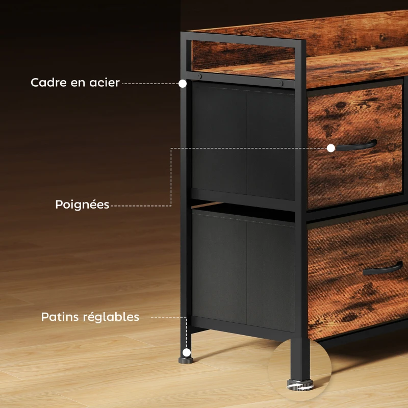 HOMCOM Commode, meuble de rangement avec 5 tiroirs en tissu pliables, plateau et cadre en acier, 98 x 29 x 63 cm, brun rustique