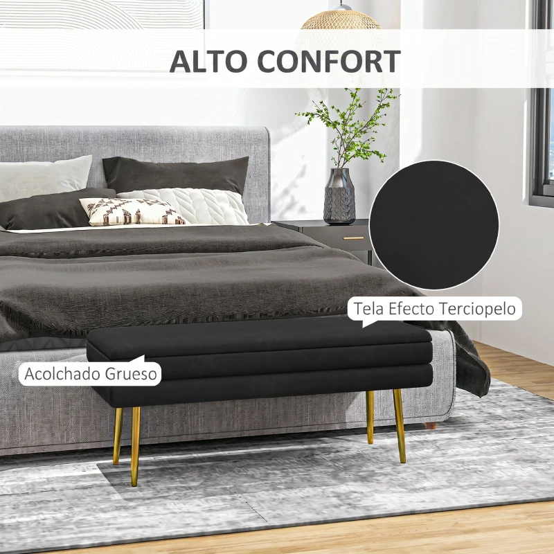 HOMCOM Baúl de Almacenaje para Dormitorio 39L Tapizado en Terciopelo con Patas de Acero 100x37,5x42 cm Negro