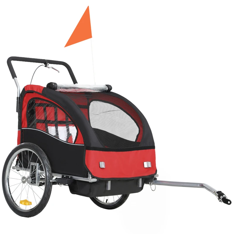 HOMCOM Remorque vélo enfant 2 en 1 avec ceinture de sécurité 5 points, réflecteurs, drapeau et rideau coupe-vent, rouge