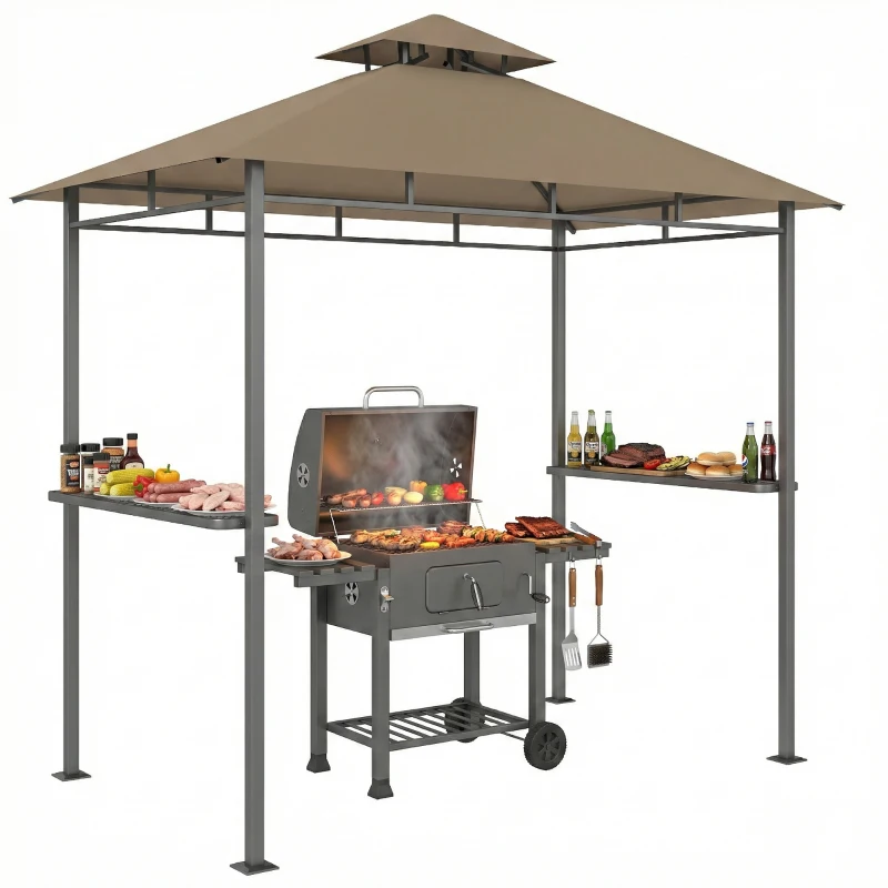 Outsunny Abri barbecue extérieur, tonnelle de jardin 245x146x255cm en métal, double toit, 2 étagères latérales, marron