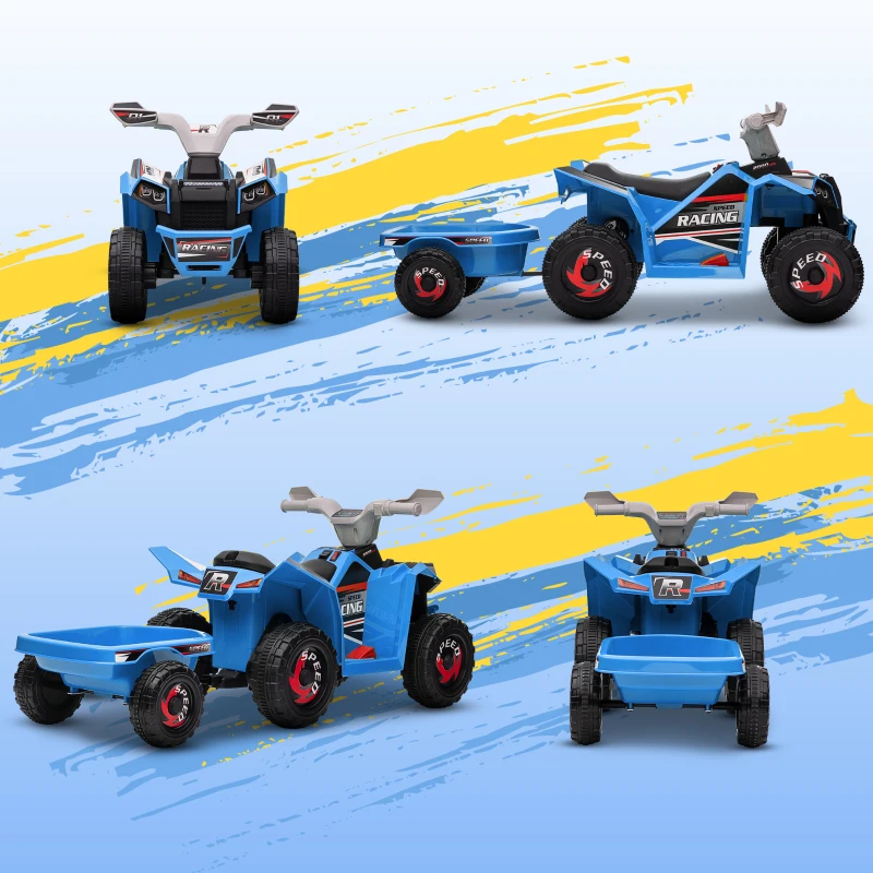 HOMCOM Quad Eléctrico para Niños con Remolque 6V Quad para Niños de 18-36 Meses con Velocidad 2,5 km/h 6 Ruedas Azul