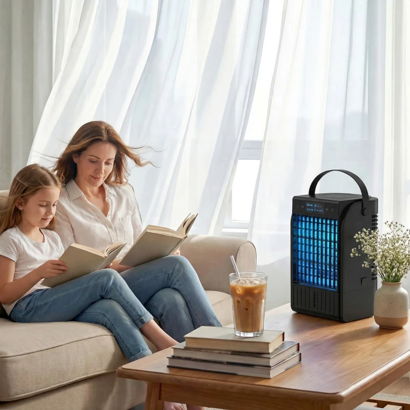 HOMCOM Portable Air Conditioner, 4-in-1 Mini Air Cooler with 4 Wind Speed, 2 Cool Mist, RGB 7 LED Light, Black