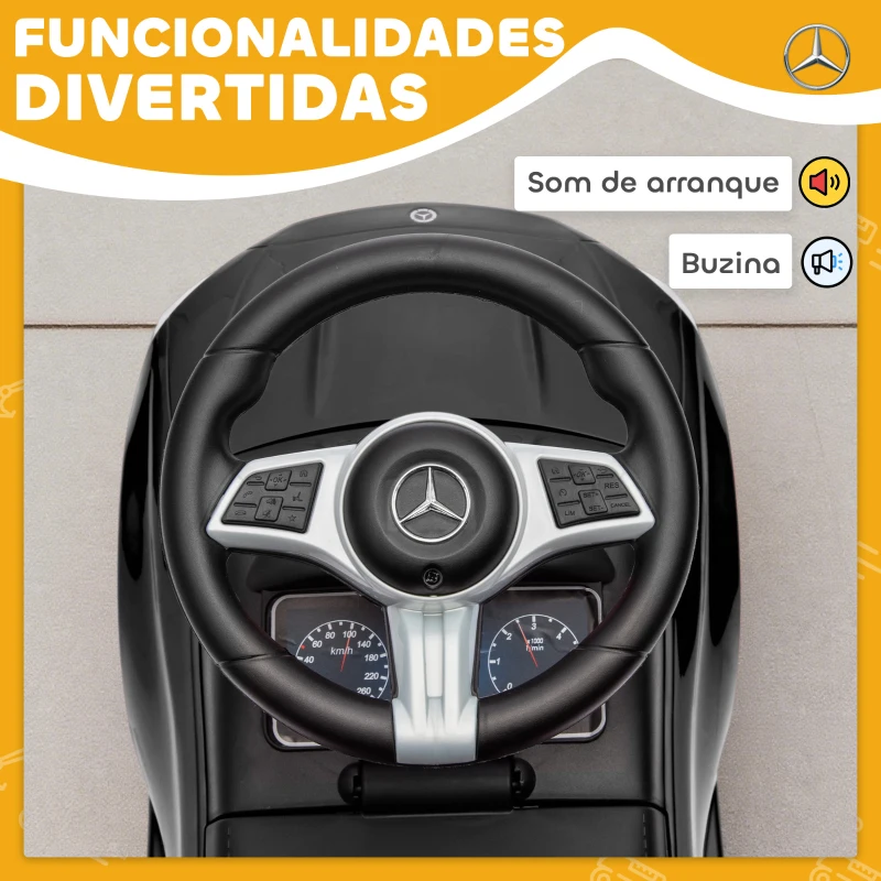 AIYAPLAY Carro Andador para Crianças Mercedes-Benz Classe C com Buzina Volante Sons de Motor e Espaço de Armazenamento 65x28x39 cm Preto