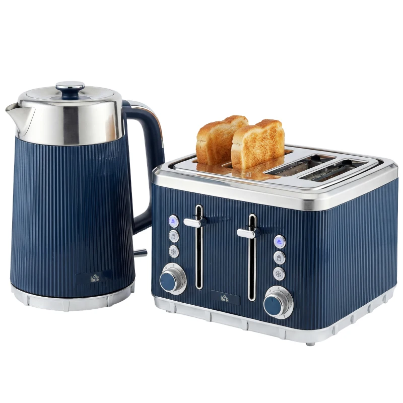 HOMCOM Electric Stainless Steel Kettle and Toaster Set, 3000W 1.7L UK Strix Thermostat Dark Blue