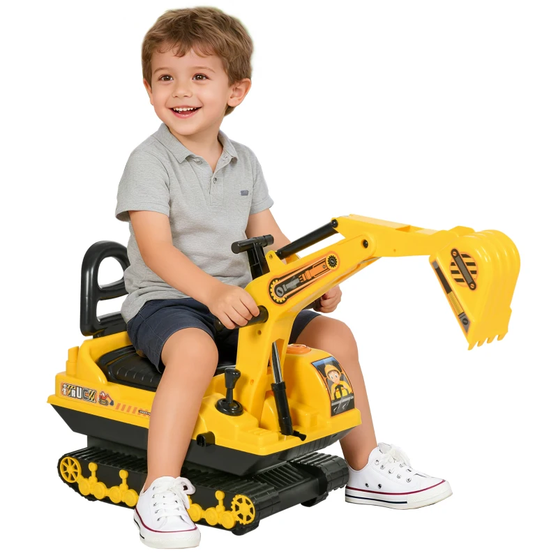 HOMCOM Sitzbagger Aufsitzbagger mit Schaufel Hupe, Kinderbagger mit Stauraum unter Sitz, Rutschauto Baggerfahrzeug zum Sitzen bis 30kg, Draufsitzen Sandbagger für Kinder 1,5-4 Jahre Gelb