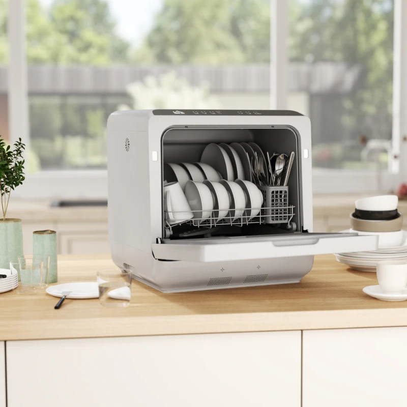 HOMCOM Table Top Dishwasher with Built-in 6L Water Tank, Mini Countertop Dishwasher with 6 Programs, 4 Place Settings, Silver Tone