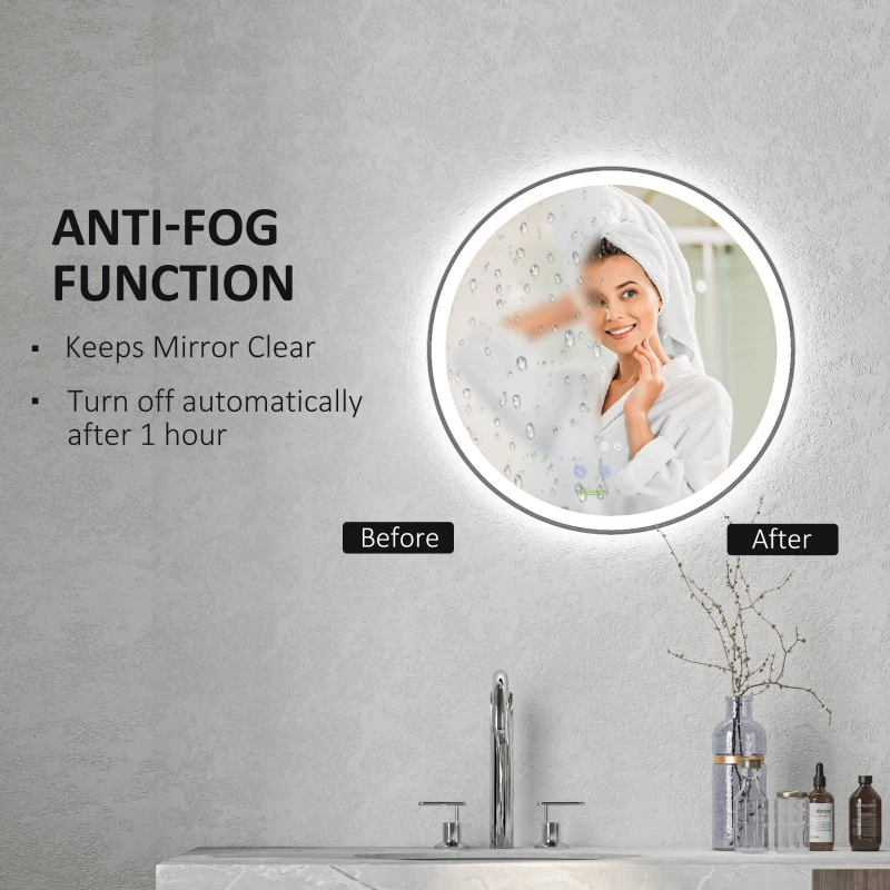 kleankin Round Bathroom Mirror with LED Lights, Wall Mount Dimmable Makeup Mirror with 3 Temperature Colours, Defogging Film and Memory Function, Frameless, Hardwired, 60 x 60 cm