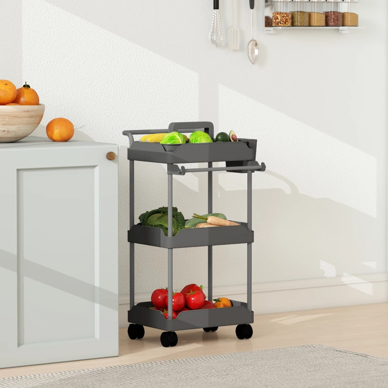 HOMCOM Carrito Auxiliar con Ruedas de 3 Niveles Carrito de Cocina con Cestas Extraíbles y Soporte para Toallas Gris