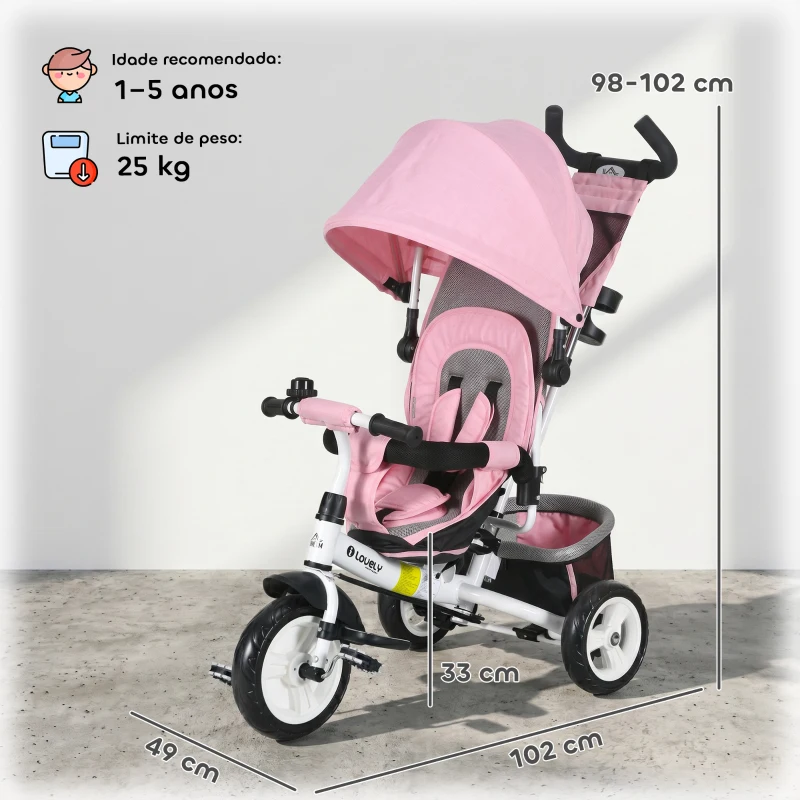 HOMCOM Triciclo para Bebés Evolutivo com Capota Dobrável Guiador Telescópico e Removível Bolsa e Porta-Garrafas 102x49x102 cm Rosa