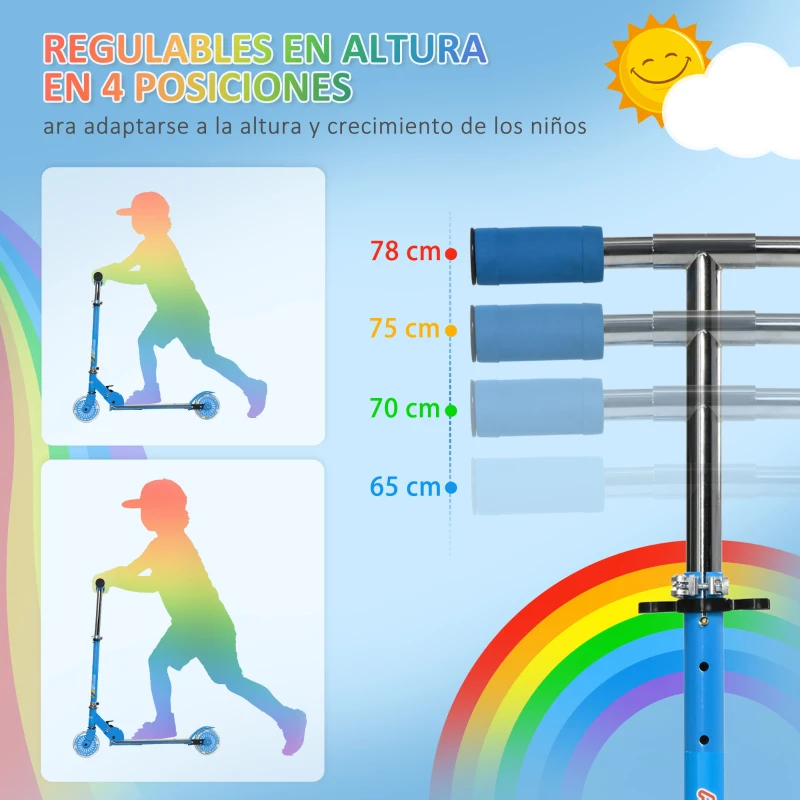 HOMCOM Patinete Infantil Plegable con Luces Música Altura Ajustable Ruedas Brillantes Pedal LED Carga 50kg 67x32x65-78 cm Azul