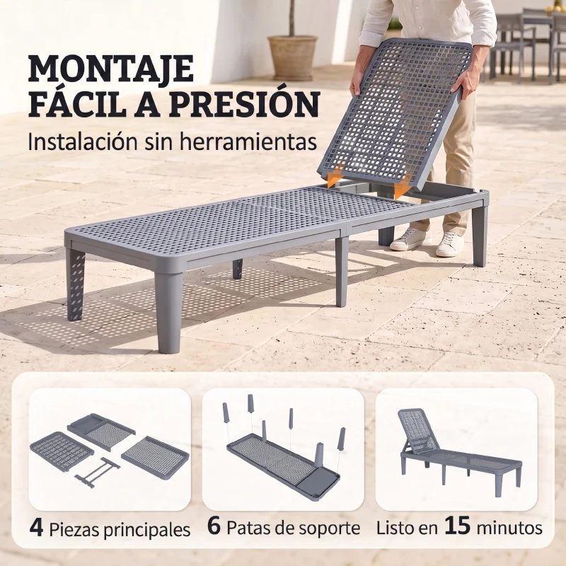 Outsunny Tumbona Reclinable de Jardín Exterior con Respaldo Ajustable en 4 Posiciones y Marco de PP 191x55x35,5 cm Gris Oscuro