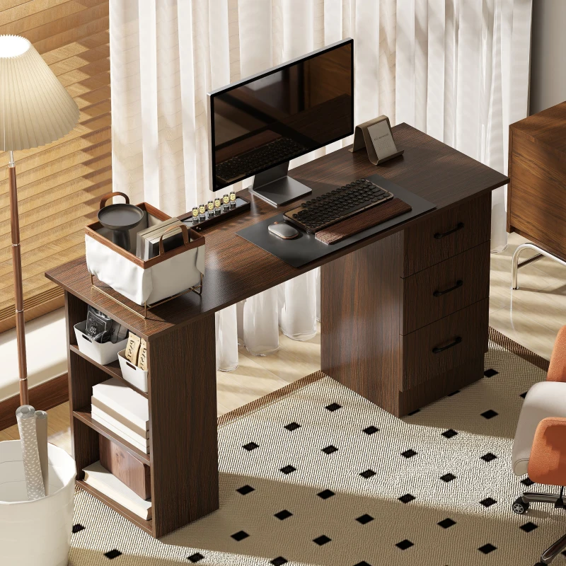 HOMCOM Scrivania Moderna con 3 Cassetti e 3 Ripiani per Camera e Ufficio, in Legno, 120x49x72 cm, Color Noce