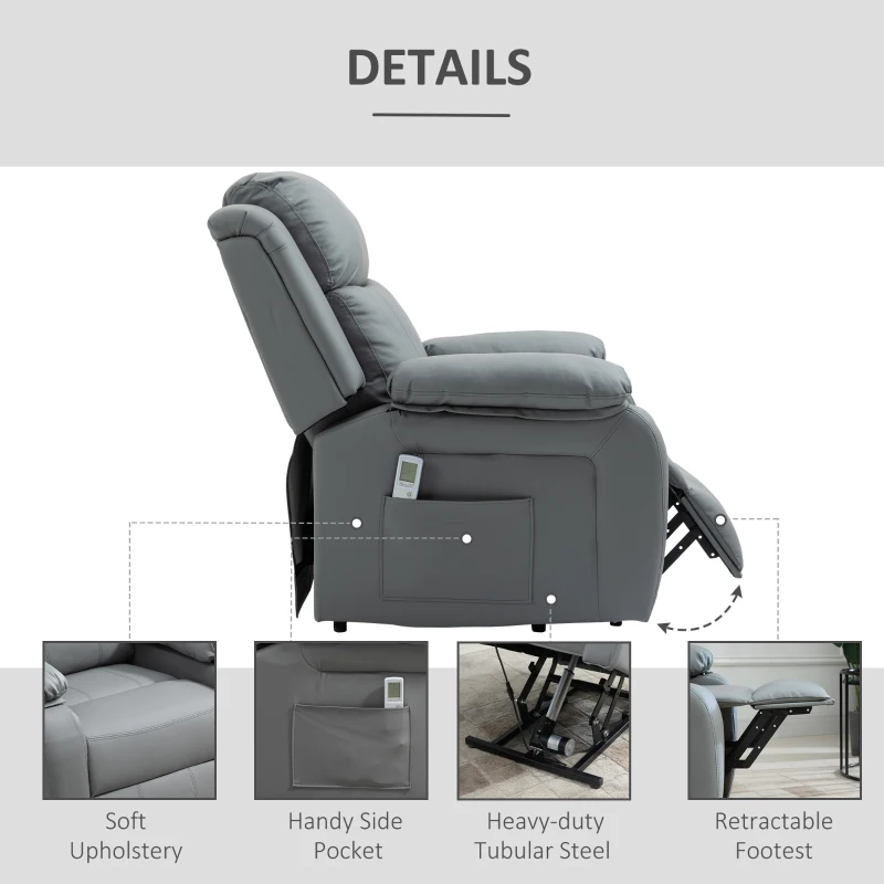 HOMCOM Riser and Recliner Chair with Vibration Massage, PU Leather Power Lift Chair for Elderly, Grey
