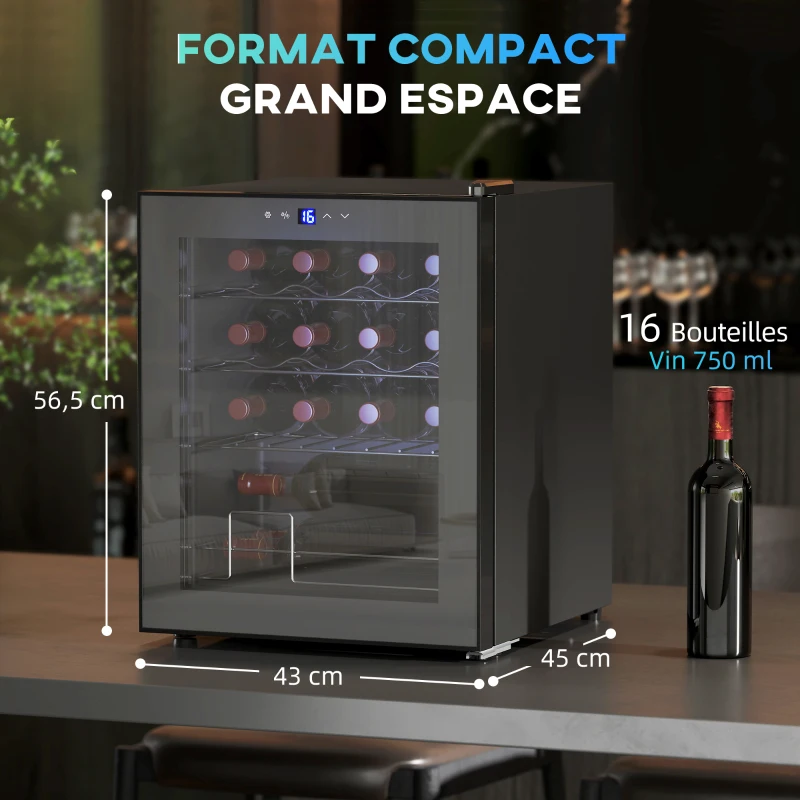HOMCOM Cave à vin 16 bouteilles 42L, réfrigérateur à vin et boissons avec température réglable 5-18°C, porte en verre, noir