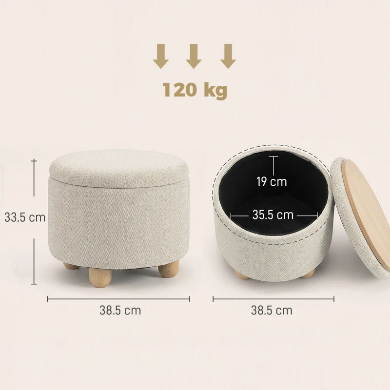 HOMCOM Storage Sitting Bench with Lid, Round Storage Ottoman with Rubberwood Legs, Beige