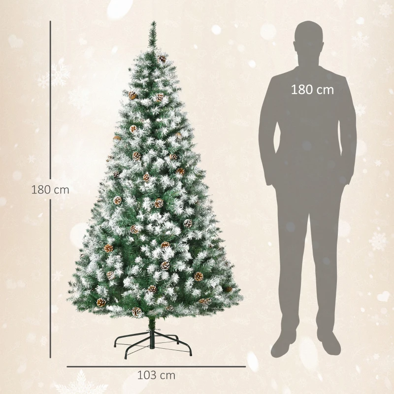 HOMCOM Albero di Natale Artificiale Innevato 180cm con 800 Rami e Pigne, Apertura Automatica e Base Pieghevole, Verde