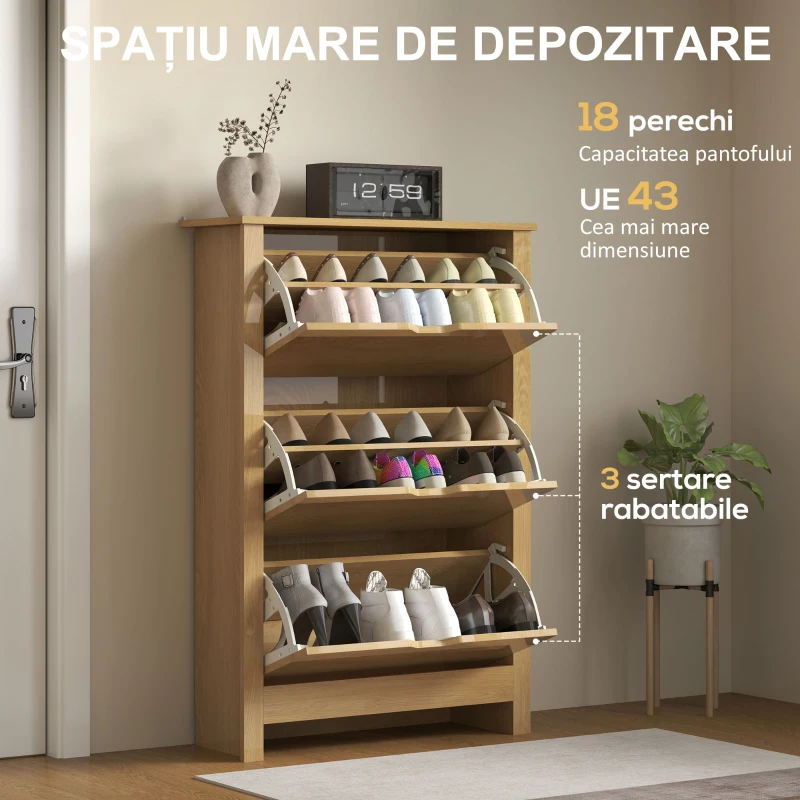 HOMCOM Dulap Slim pentru 18 Pantofi, 3 Sertare cu 2 Rafturi Reglabile, 72x26x112 cm, Lemn Natural