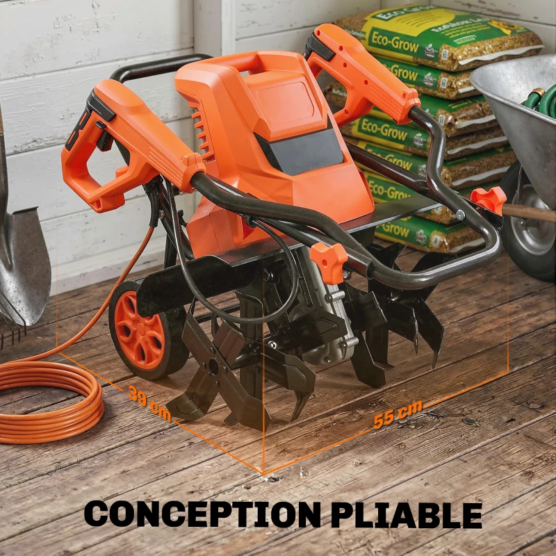 Outsunny Motobineuse Électrique Motoculteur 1500W 6 Lames 65Mn Largeur 40cm Profondeur 20cm Pliable et Étanche IPX4 Orange