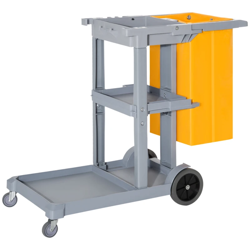 HOMCOM Carrello Pulizie Professionale con 3 Ripiani, Ganci Portascopa, 4 Ruote e Sacco 100L, Arancione 121 x 50.5 x 96.5cm
