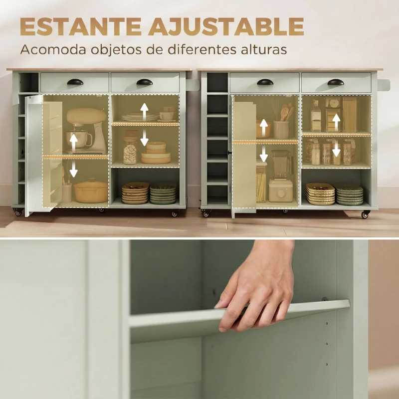 HOMCOM Isla de Cocina con Ruedas Tapa Abatible Especiero Estantes en la Puerta Armario 2 Cajones 117,5x70x91 cm Verde Claro