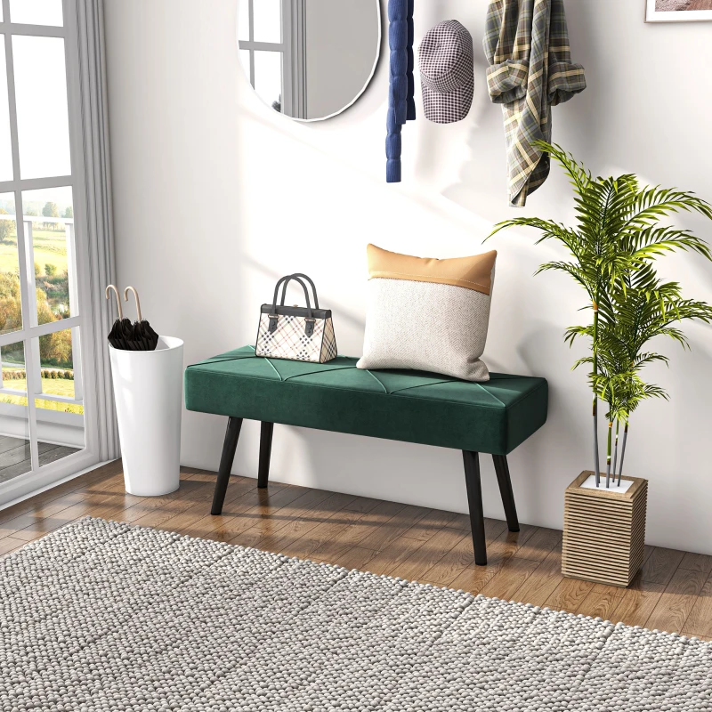 HOMCOM Panca Imbottita Fondoletto in Tessuto Effetto Velluto e Acciaio, 100x36x45 cm, Verde e Nero