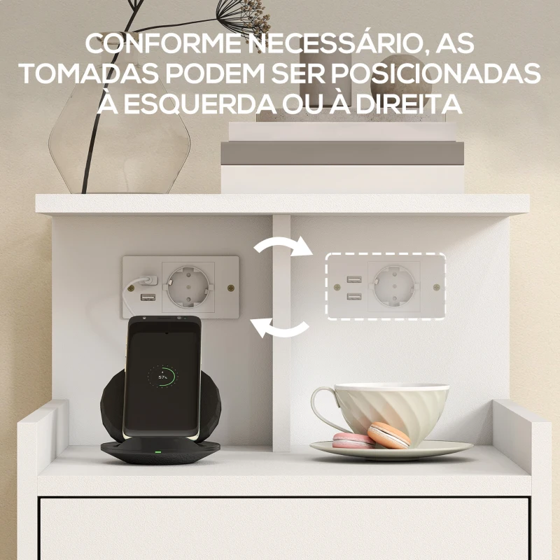 HOMCOM Mesa de Cabeceira com Estação de Carregamento Portos USB Gaveta e Prateleiras Abertas 40x40x60 cm Branco