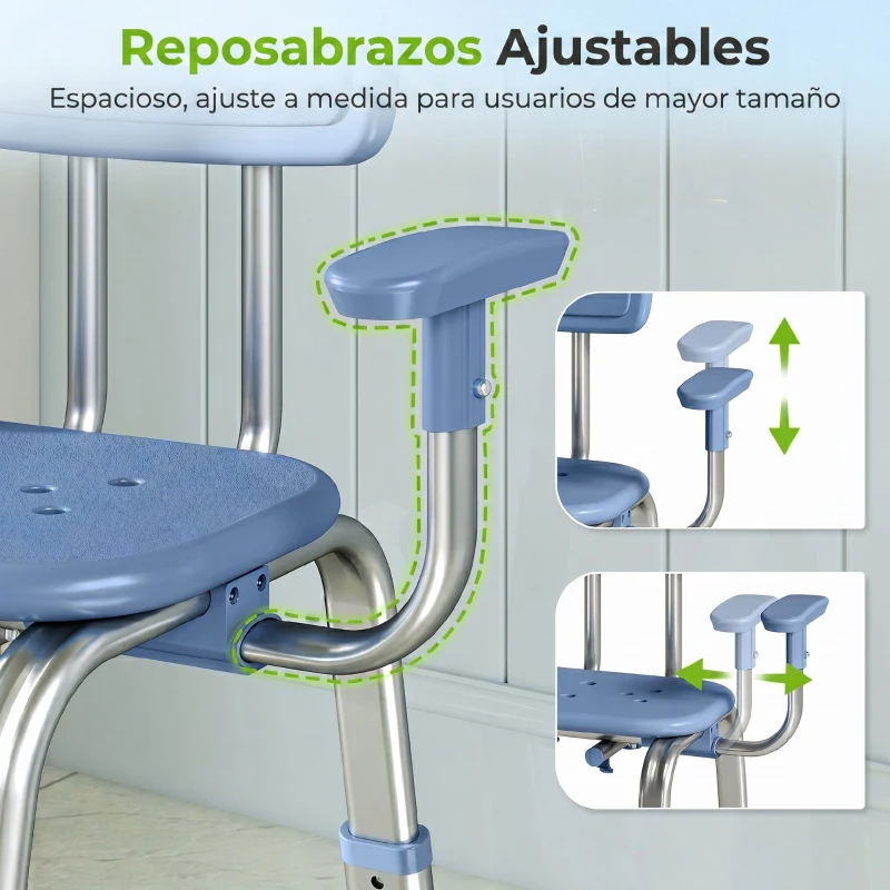 HOMCOM Silla Ducha Personas Mayores Antideslizante con Reposabrazos Ajustable Altura Ajustable Carga 150 kg Azul