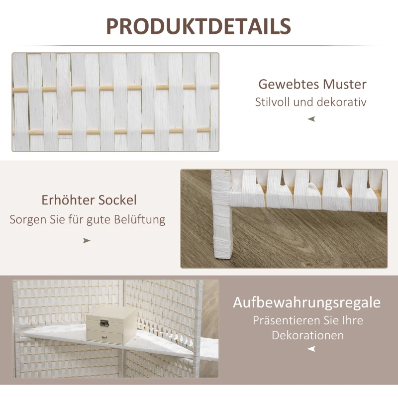 HOMCOM Paravent 4-teilig 181 x 180 cm Faltbar Raumteiler mit 2 Regalen aus Kiefernholz, Bambus für Schlafzimmer, Weiß