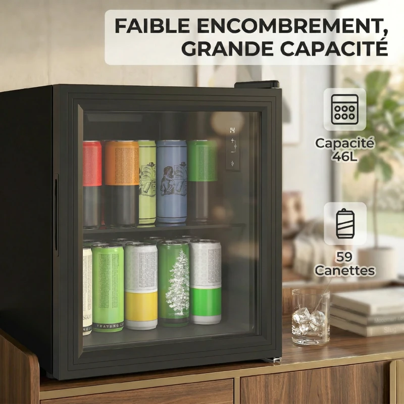 HOMCOM Réfrigérateur à boissons 46L 59 canettes, mini frigo silencieux pose libre avec porte en verre trempé double, noir