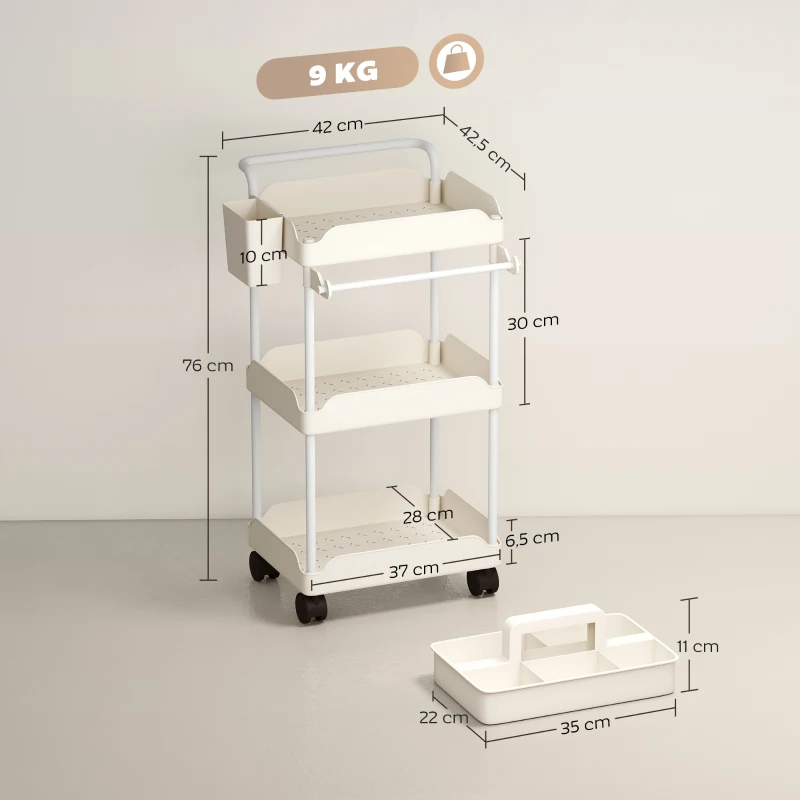 HOMCOM Carrito Auxiliar con Ruedas de 3 Niveles Carrito de Cocina con Cestas Extraíbles y Soporte para Toallas Blanco