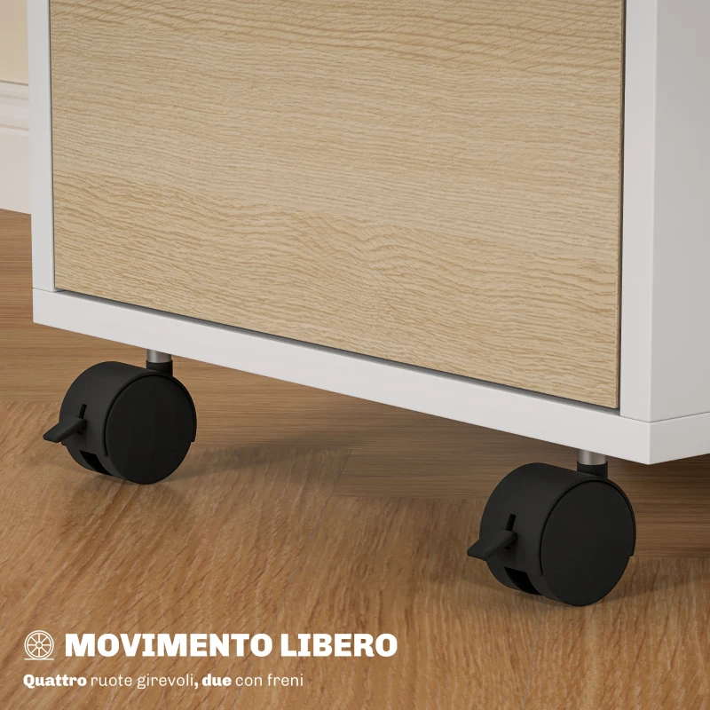 HOMCOM Schedario da Ufficio con 3 Cassetti, 4 Ruote, Cassettiera Ufficio con Serratura e 2 Chiavi, Bianco e Rovere