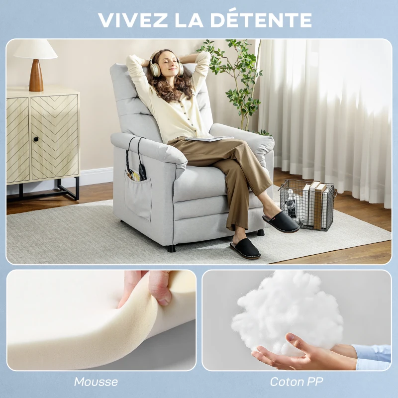 HOMCOM Fauteuil relax électrique massant et chauffant, fauteuil inclinable, repose-pieds, moteur silencieux, 82x99x106cm, gris