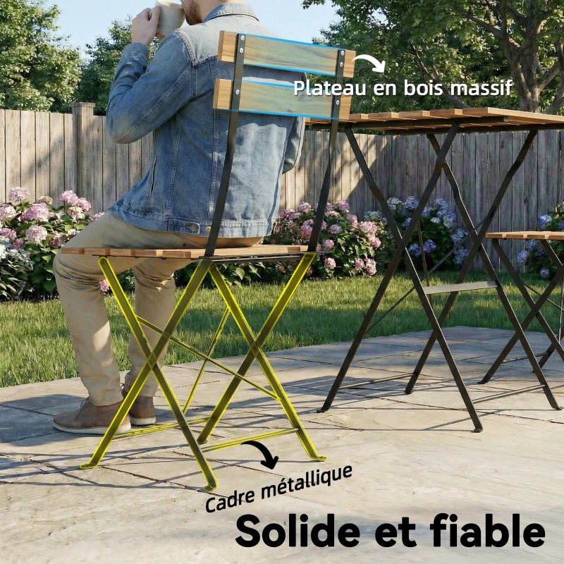 Outsunny Ensemble de Salon de Jardin Bistrot 3 Pièces, 2 Chaises Pliantes, Table Carrée en Bois d'Acacia, 55x55x71cm, Naturel