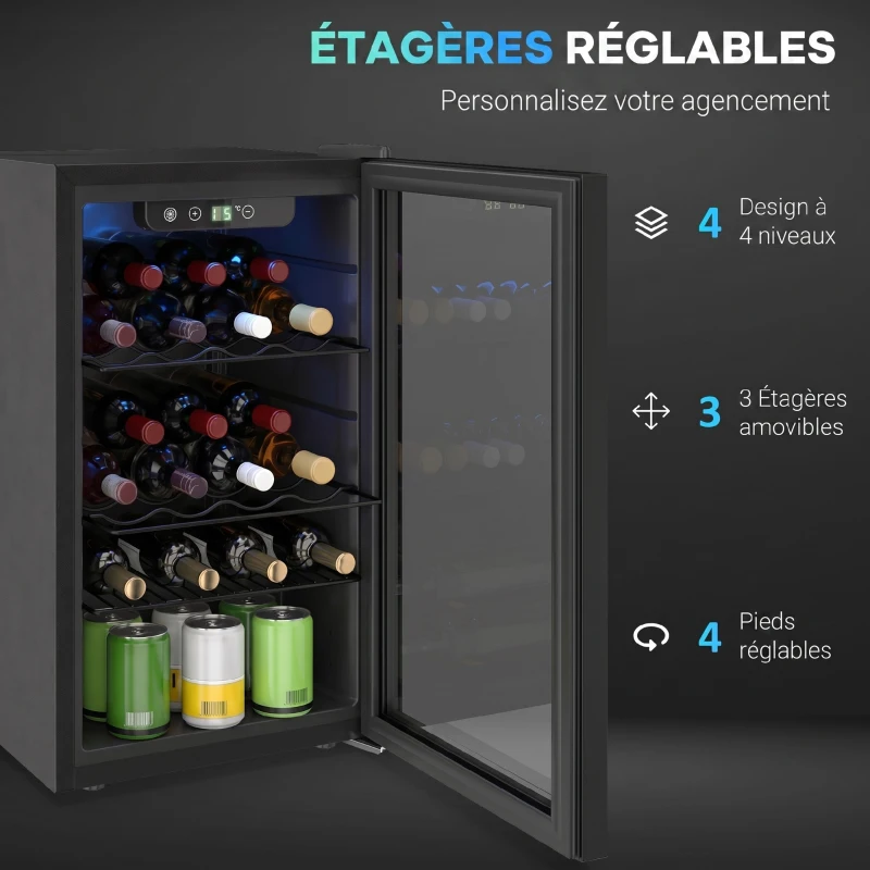HOMCOM Cave à vin 24 bouteilles 68L, réfrigérateur à vin et boissons avec température réglable 4-16 °C, porte réversible, noir