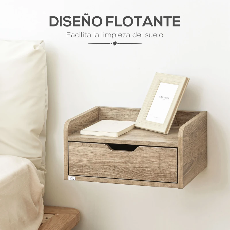 HOMCOM Set de 2 Mesitas de Noche de Pared Mesillas Flotantes con 1 Cajón para Dormitorio Habitación 40x30x19,5 cm Natural