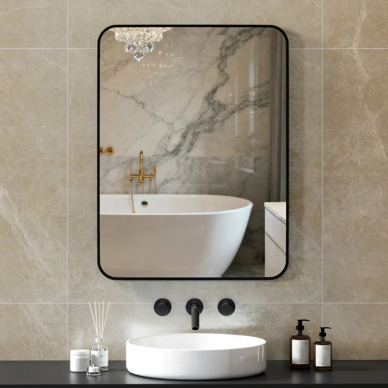 HOMCOM Oglindă baie cu ramă metalică și cârlig, 60x2,5x80 cm, negru