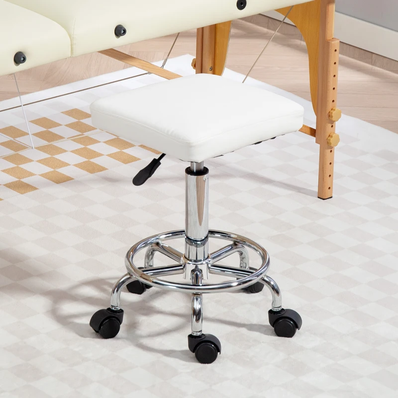 HOMCOM Taburete Giratorio Ajustable Con Asiento Acolchado Reposapiés y Ruedas para Salones y Talleres 34x34x50-66 cm Blanco