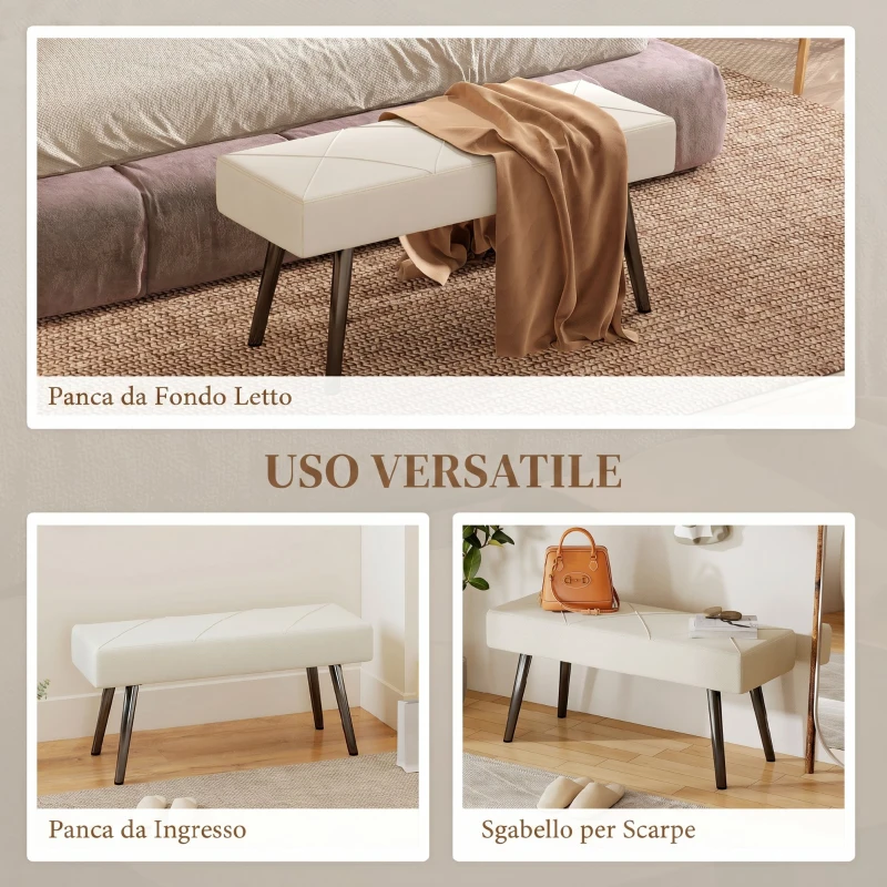 HOMCOM  Panca Imbottita Ingresso e Soggiorno, Panca Fondoletto in Velluto con Gambe in Acciaio, 100x36x45cm, Crema