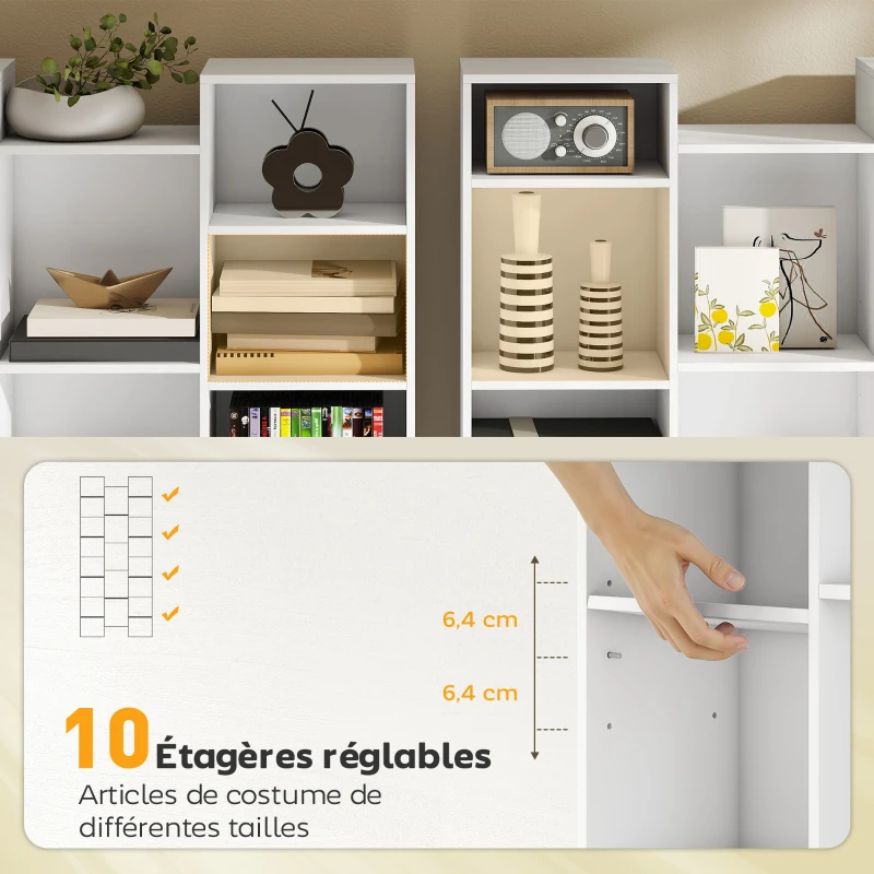 HOMCOM Bibliothèque, étagère à livres, étagère de rangement, 21 compartiments et 10 étagères réglables, 89,5x23,5x181cm, blanc