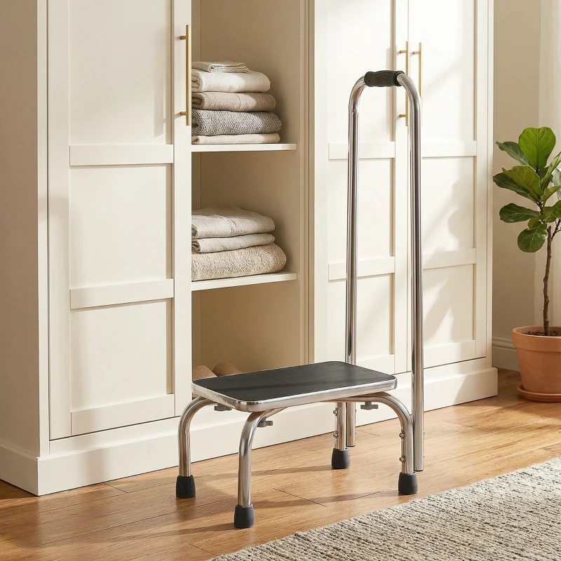 HOMCOM Marche avec Barre d'appui - marchepied de sécurité - Plateforme & Patins antidérapants - Acier galvanisé, gris et noir