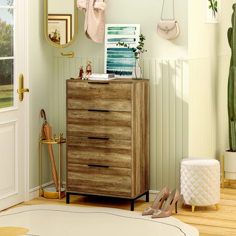 HOMCOM Cassettiera 4 Cassetti Antiribaltamento con Maniglie Nere, in Legno e Metallo, 62x35x105 cm, Marrone Chiaro