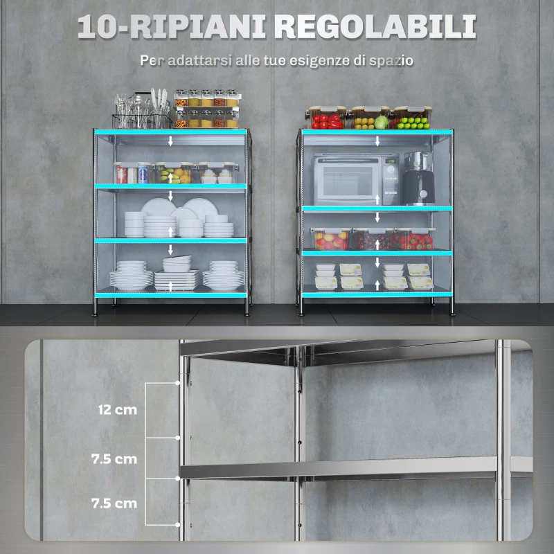 HOMCOM Scaffale da Cucina a 4 Livelli Regolabili su 10 Altezze Diverse, in Acciaio Inox, 91x40x108 cm, Argento