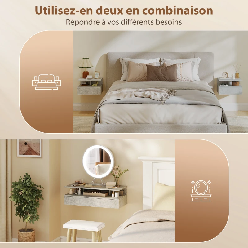 HOMCOM Lot de 2 tables de chevet murales, tables de nuit suspendues avec tiroir, compartiment ouvert, 35x32x22,5cm, gris giment