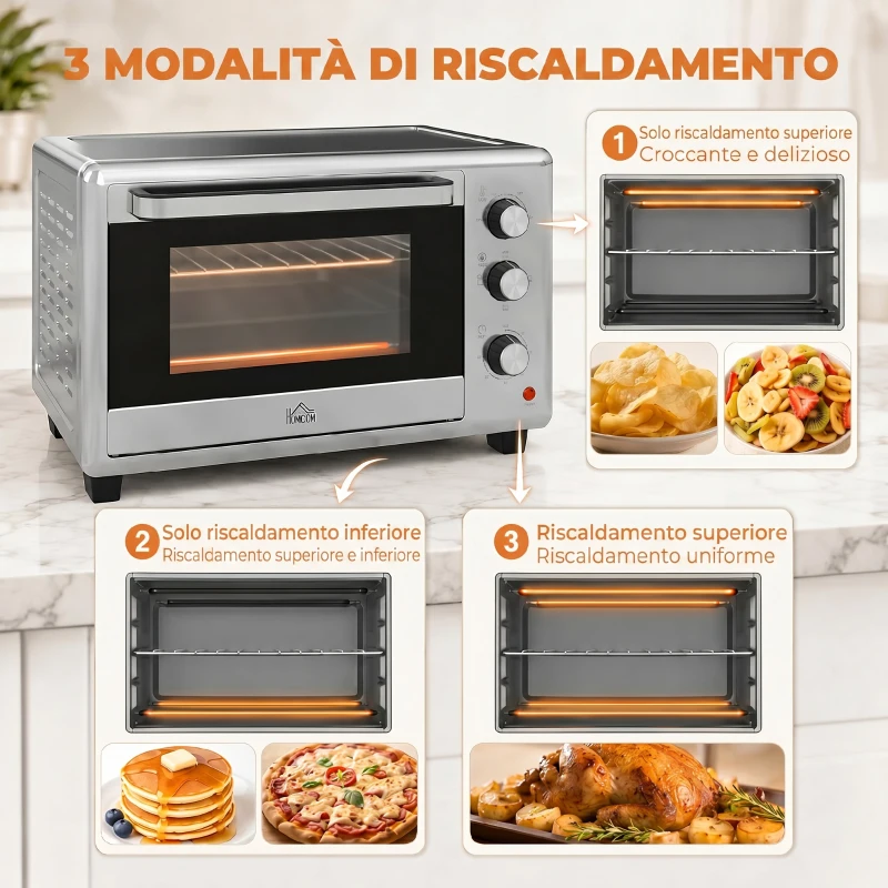 HOMCOM Fornetto Elettrico da 30L con 3 Funzioni di Cottura, Temperatura Regolabile e Timer, 1600W, Argento